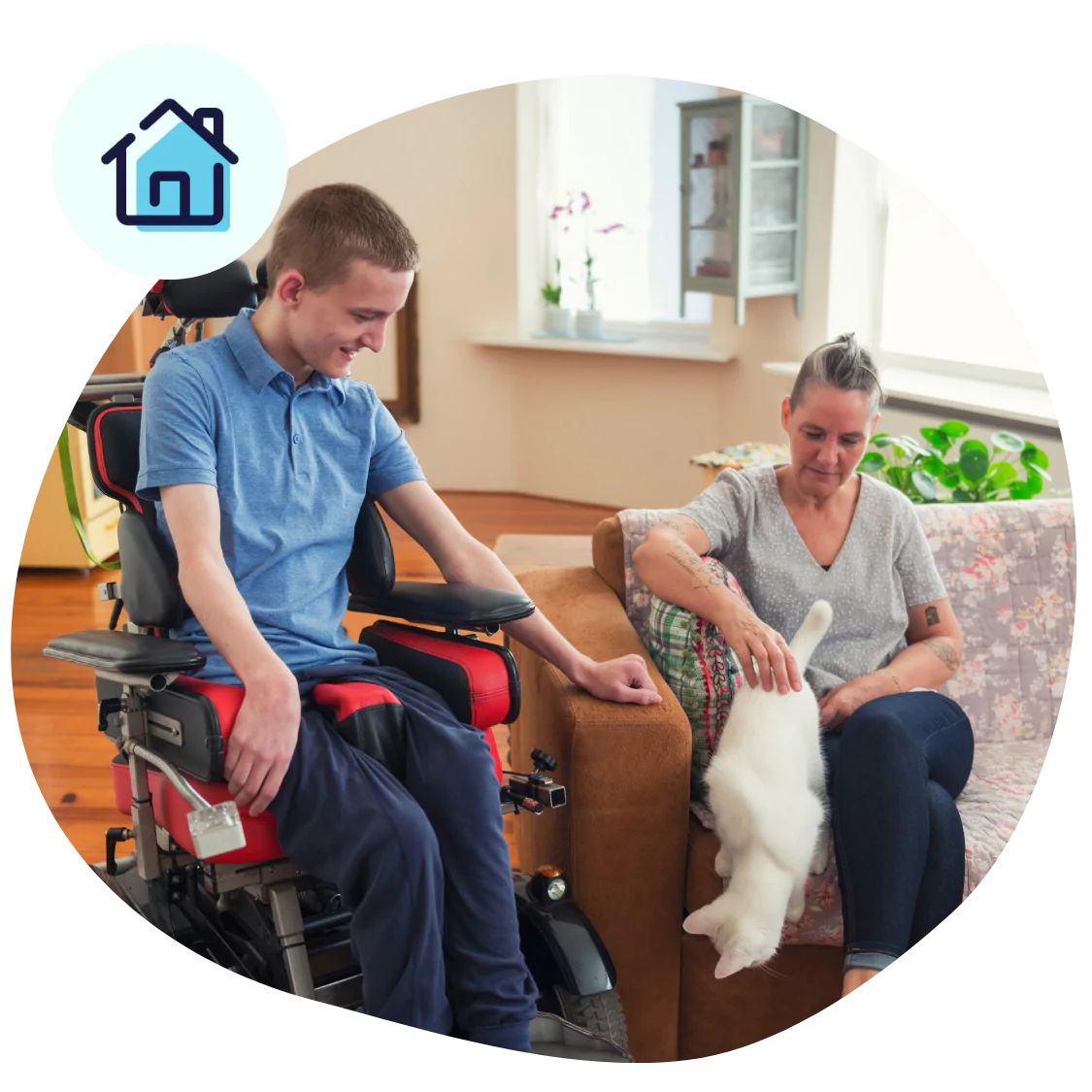 A disabled boy sitting in his wheelchair and his support worker looking at the cat