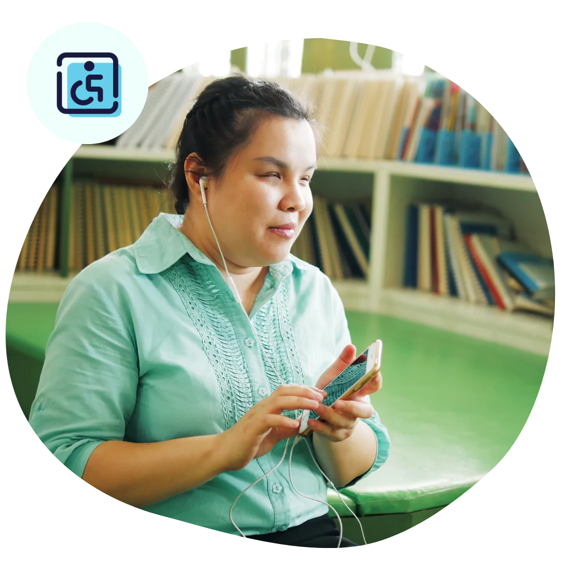 A disabled woman touching her cellphonr