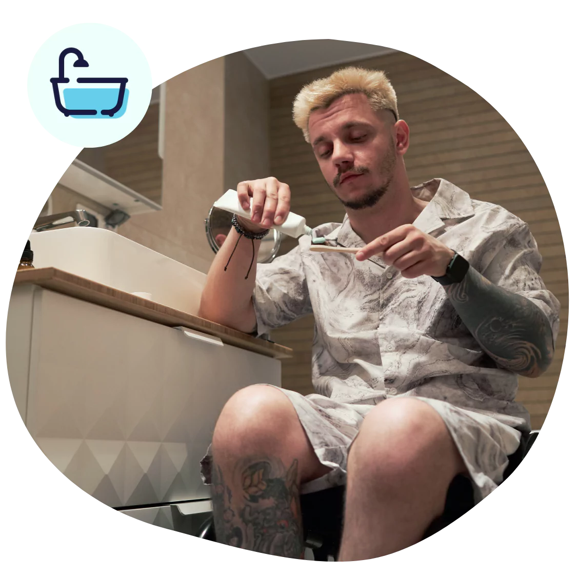 A disabled man sitting in his wheelchair while brushing his teeth